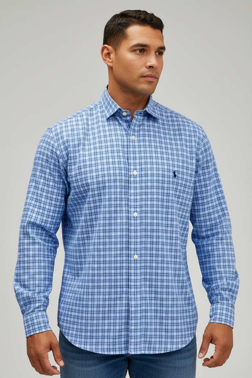 Camisa Polo Ralph Lauren 🏇🏼 color celeste de cuadros azul navy Talla M Entalle Regular