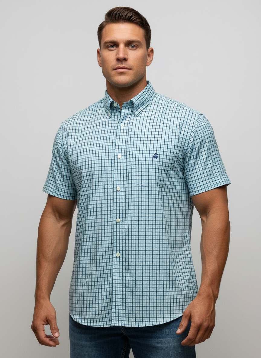 Camisa Brooks Brothers 🐑 color blanco con cuadros en azul y turquesa Talla XL Entalle Regular