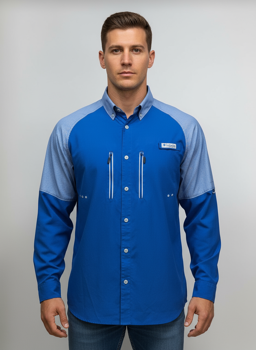 Camisa Columbia 🔹color azul con diseño de puntos en cuello y manga Talla M