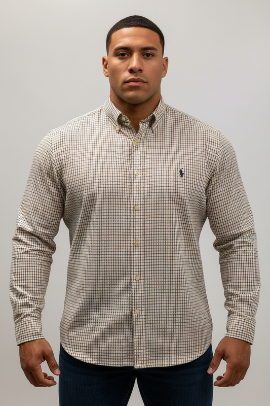 Camisa de botones Polo Ralph Lauren 🏇🏼 color crema de cuadros rojo y negro Talla XL Entalle Custom Fit