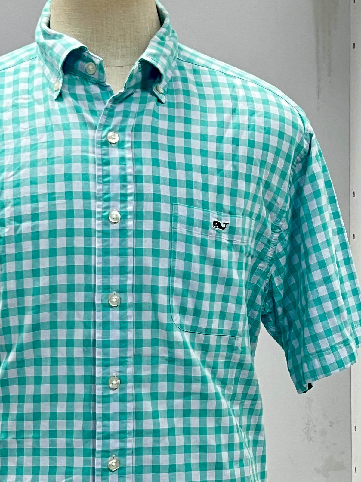 Camisa de botones Vineyard Vines 🐳 de cuadros gingham en color turquesa y gris Talla L Entalle Clásico