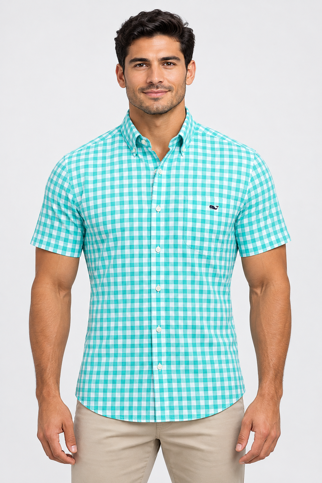 Camisa de botones Vineyard Vines 🐳 de cuadros gingham en color turquesa y gris Talla L Entalle Clásico
