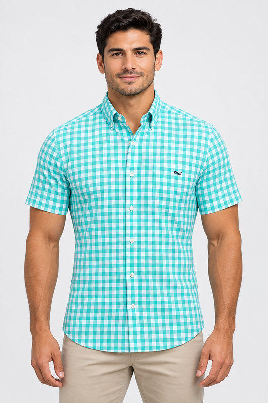 Camisa de botones Vineyard Vines 🐳 de cuadros gingham en color turquesa y gris Talla L Entalle Clásico