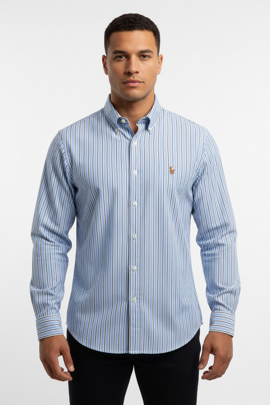 Camisa de botones Polo Ralph Lauren 🏇🏼 Oxford de rayas en color celeste, negro y blanco Talla L Entalle Clásico