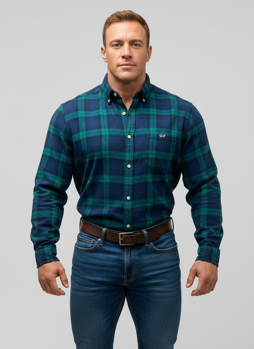 Camisa de botones Vineyard Vines 🐳 de cuadros tartán en color verde oscuro y azul navy Talla M Entalle Clasico