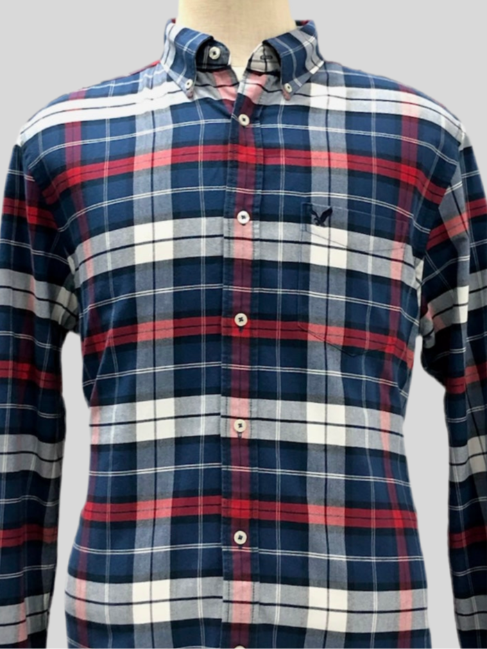 Camisa de botones American Eagle 🦅 de cuadros en color azul, rojo y gris Talla L Entalle Clásico