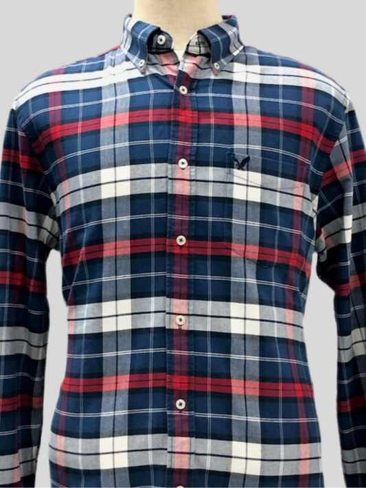 Camisa de botones American Eagle 🦅 de cuadros en color azul, rojo y gris Talla L Entalle Clásico