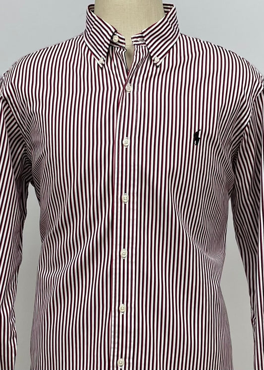 Camisa de botones Polo Ralph Lauren 🏇🏼 con rayas en color rojo oscuro,negro y blanco Talla XL Entalle Custom Fit