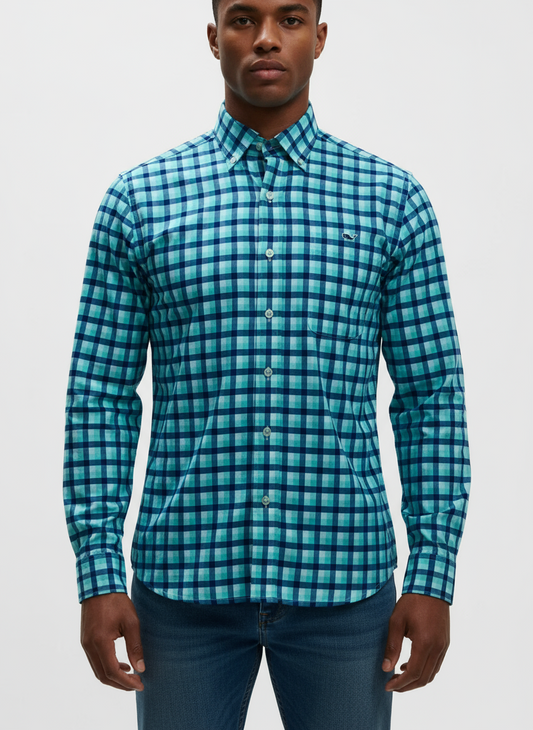 Camisa de botones Vineyard Vines 🐳 Performance con patrón de cuadros en color turquesa, celeste y blanco Talla S Entalle Slim Fit