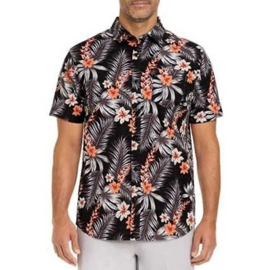Camisa de botones Hurley 🏄🏽‍♂️ color negro con diseño de flores Talla L Entalle Regular