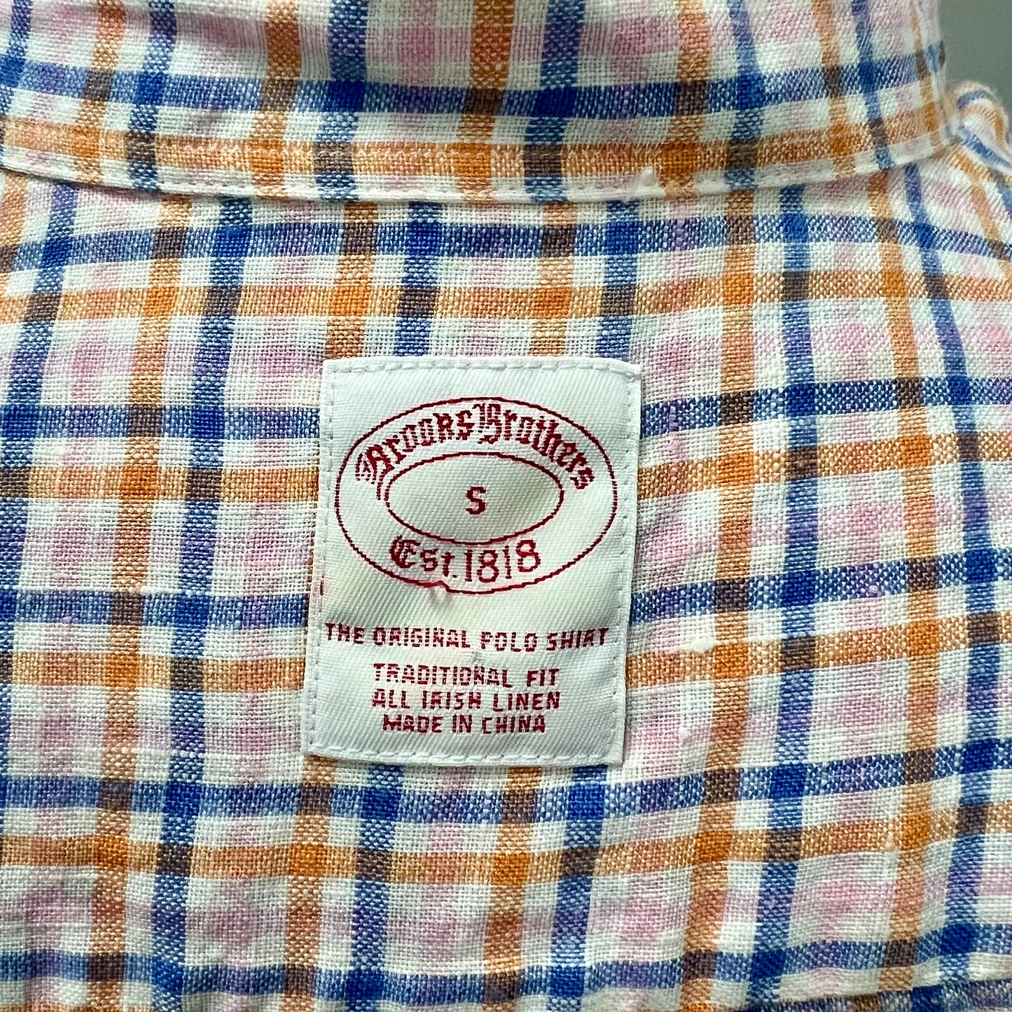Camisa Brooks Brothers 🐑 De lino blanco de cuadros en color rosado, naranja y azul Talla M Entalle Regular