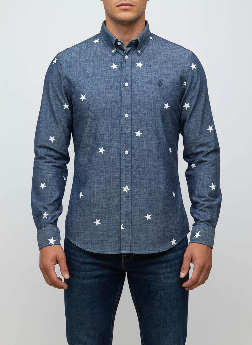 Camisa de jeans Polo Ralph Lauren 🏇🏼 color azul grisáceo y diseño de estrellas Talla L Entalle Slim Fit