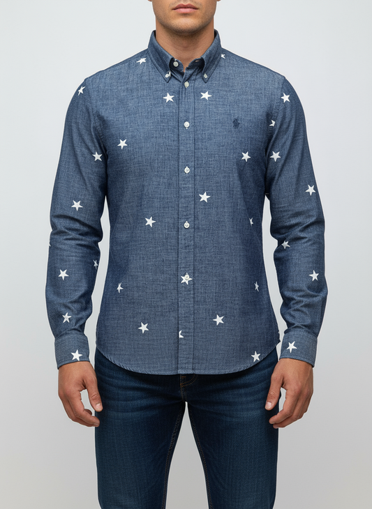 Camisa de jeans Polo Ralph Lauren 🏇🏼 color azul grisáceo y diseño de estrellas Talla L Entalle Slim Fit