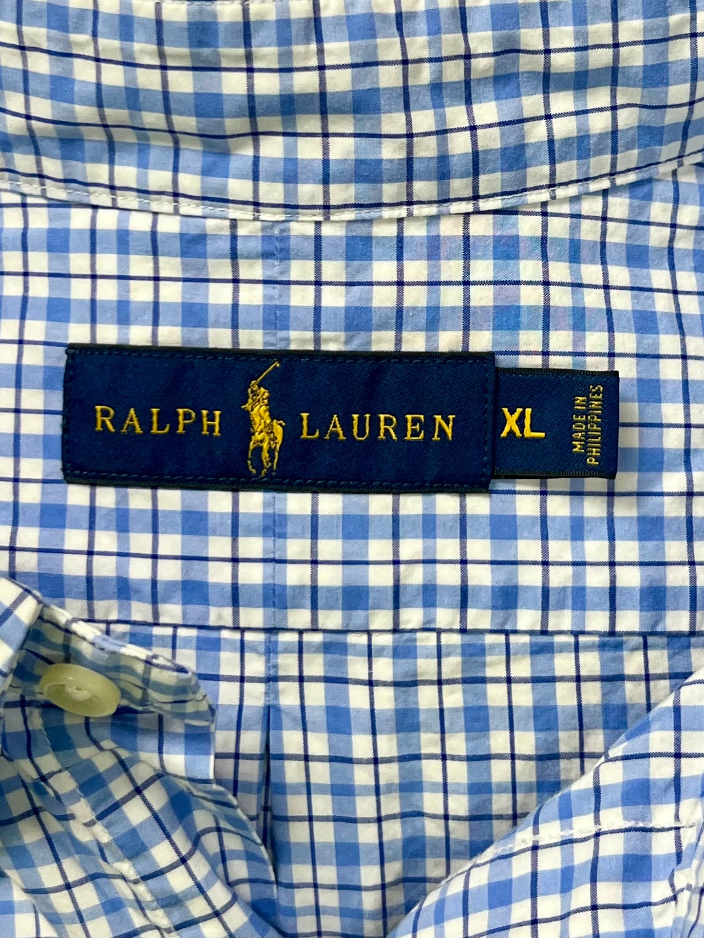 Camisa Polo Ralph Lauren 🏇🏼 color blanco con patron de cuadros en celeste y azul navy Talla XL Entalle Regular