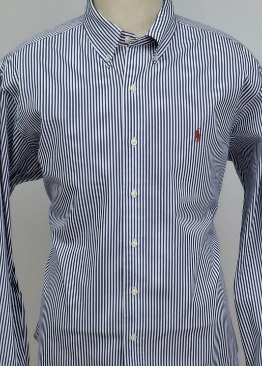 Camisa Polo Ralph Lauren 🏇🏼 color blanco con patrón de rayas en azul Talla XL Entalle Clásico