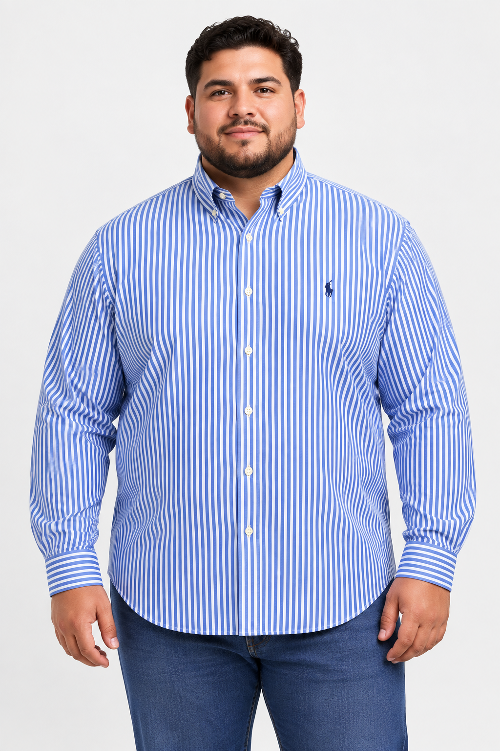 Camisa Polo Ralph Lauren 🏇🏼 color blanco con patrón de rayas en azul Talla XL Entalle Clásico