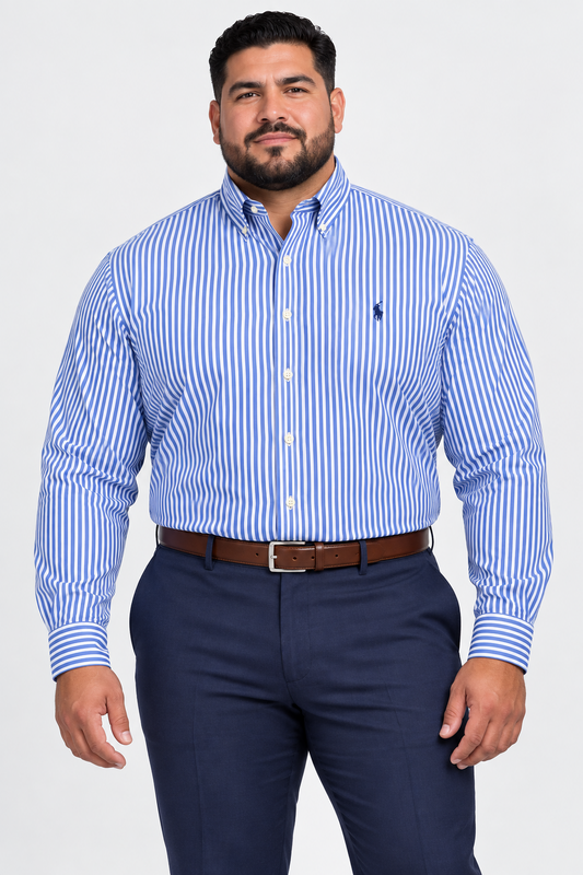 Camisa Polo Ralph Lauren 🏇🏼 color blanco con patrón de rayas en azul Talla XL Entalle Clásico