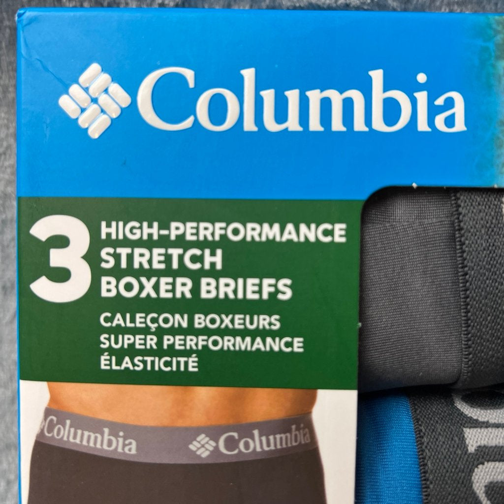 Combo de 3 Boxers Briefs Columbia 🔷 Tela de algodón stretch color celeste, azul y negro Talla S