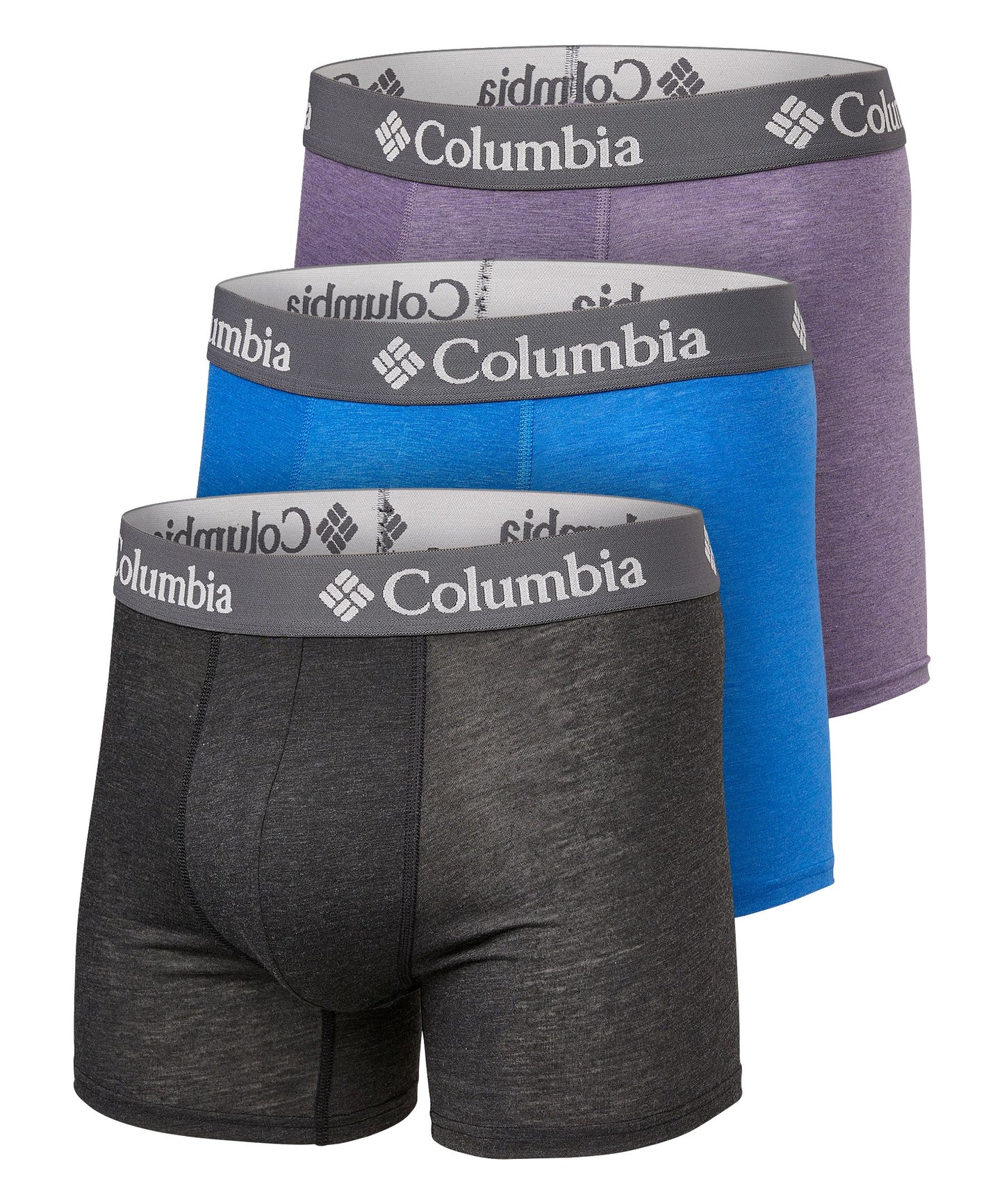 Combo de 3 Boxers Briefs Columbia 🔷 Tela de algodón stretch color morado, azul y gris Talla XL