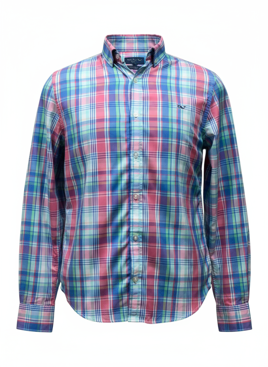 Camisa de botones Vineyard Vines 🐳 Performance con patrón de cuadros en color rosado, celeste y blanco Talla S Entalle Slim Fit