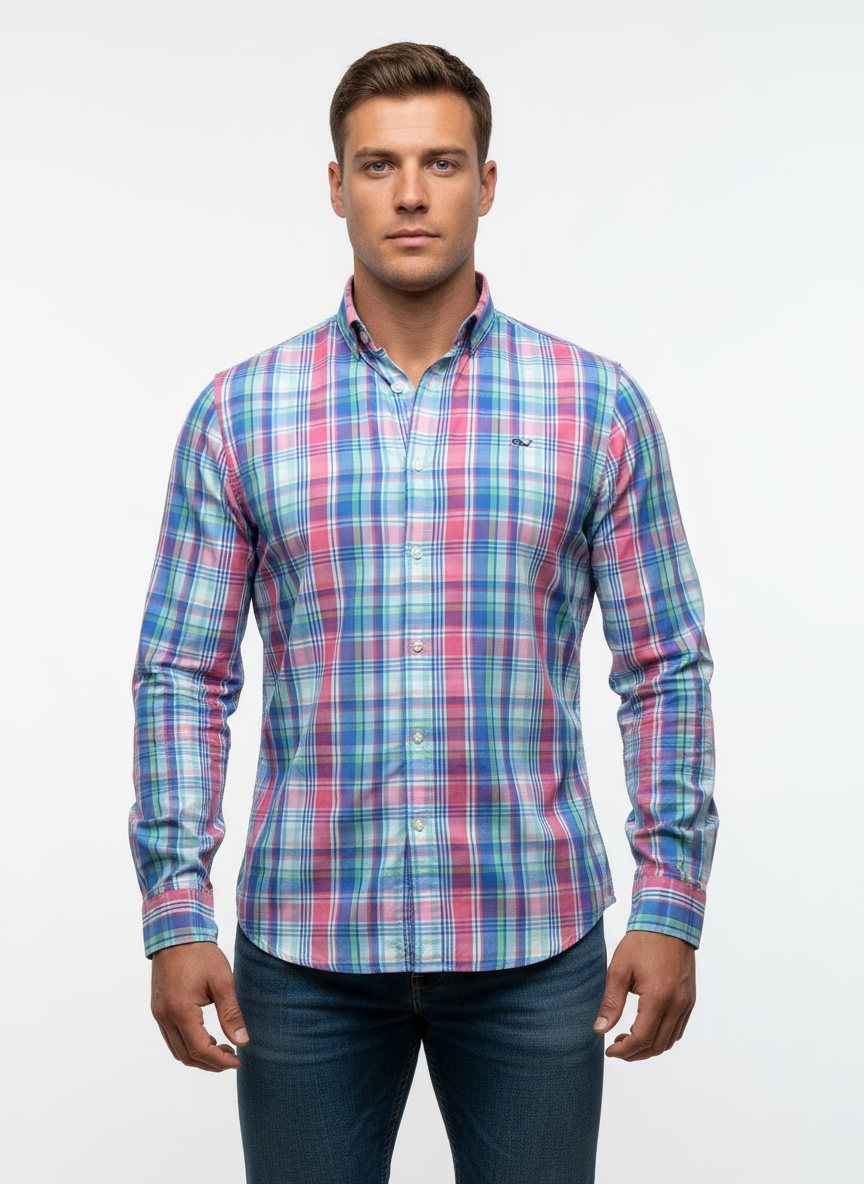 Camisa de botones Vineyard Vines 🐳 Performance con patrón de cuadros en color rosado, celeste y blanco Talla S Entalle Slim Fit