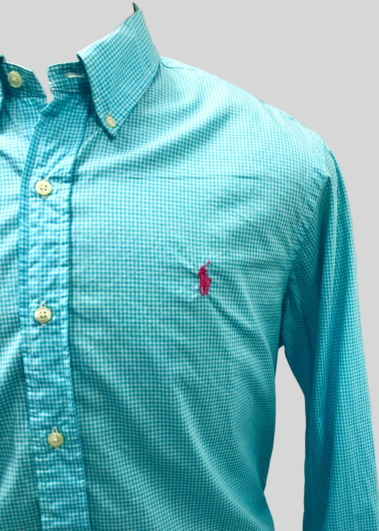 Camisa Polo Ralph Lauren 🏇🏼 con patrón de cuadros gingham turquesa y blanco Talla L Entalle Regular