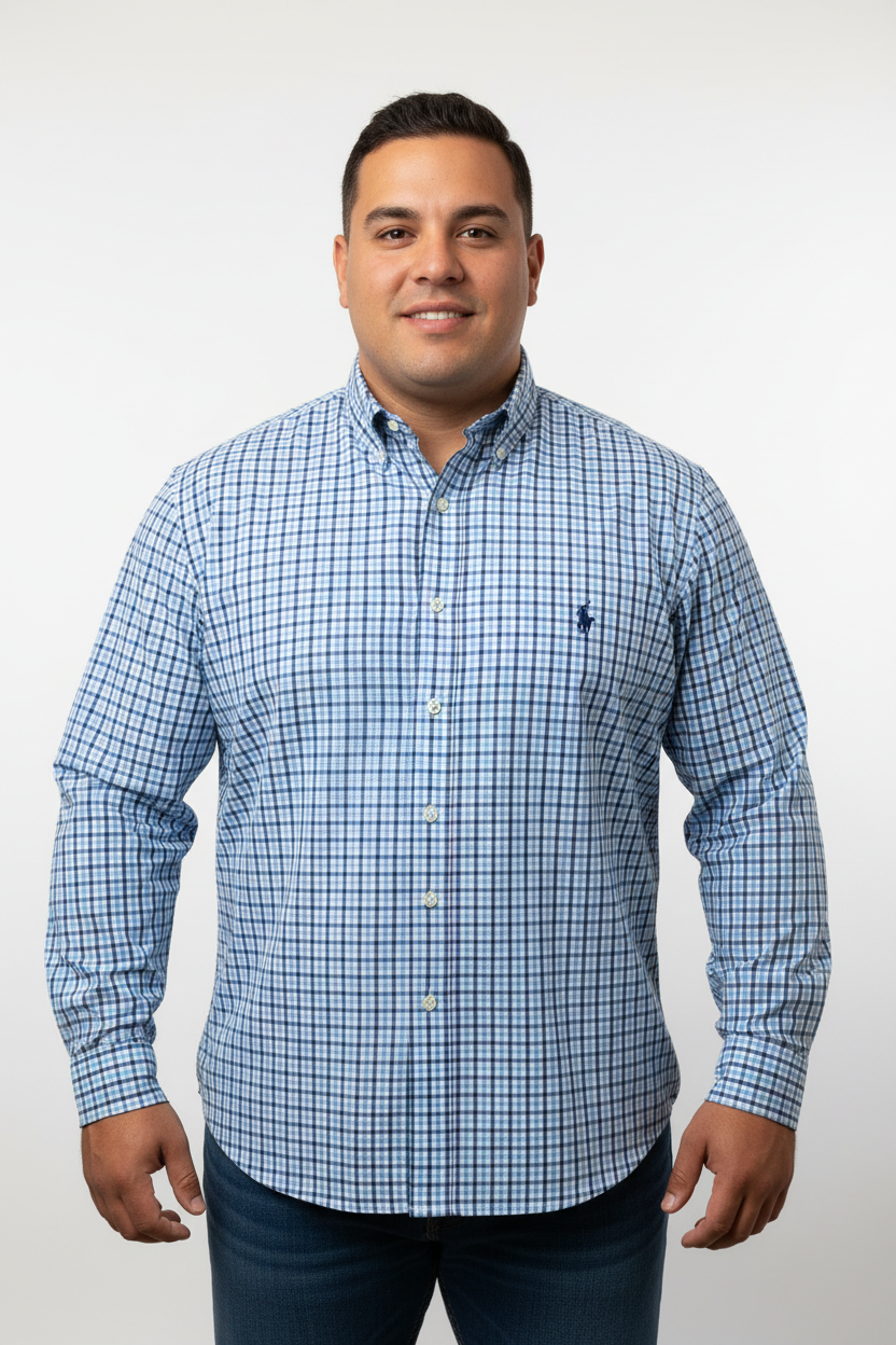 Camisa Polo Ralph Lauren 🏇🏼 Oxford color blanco con patron de cuadros en celeste y azul navy Talla XXL Entalle Regular