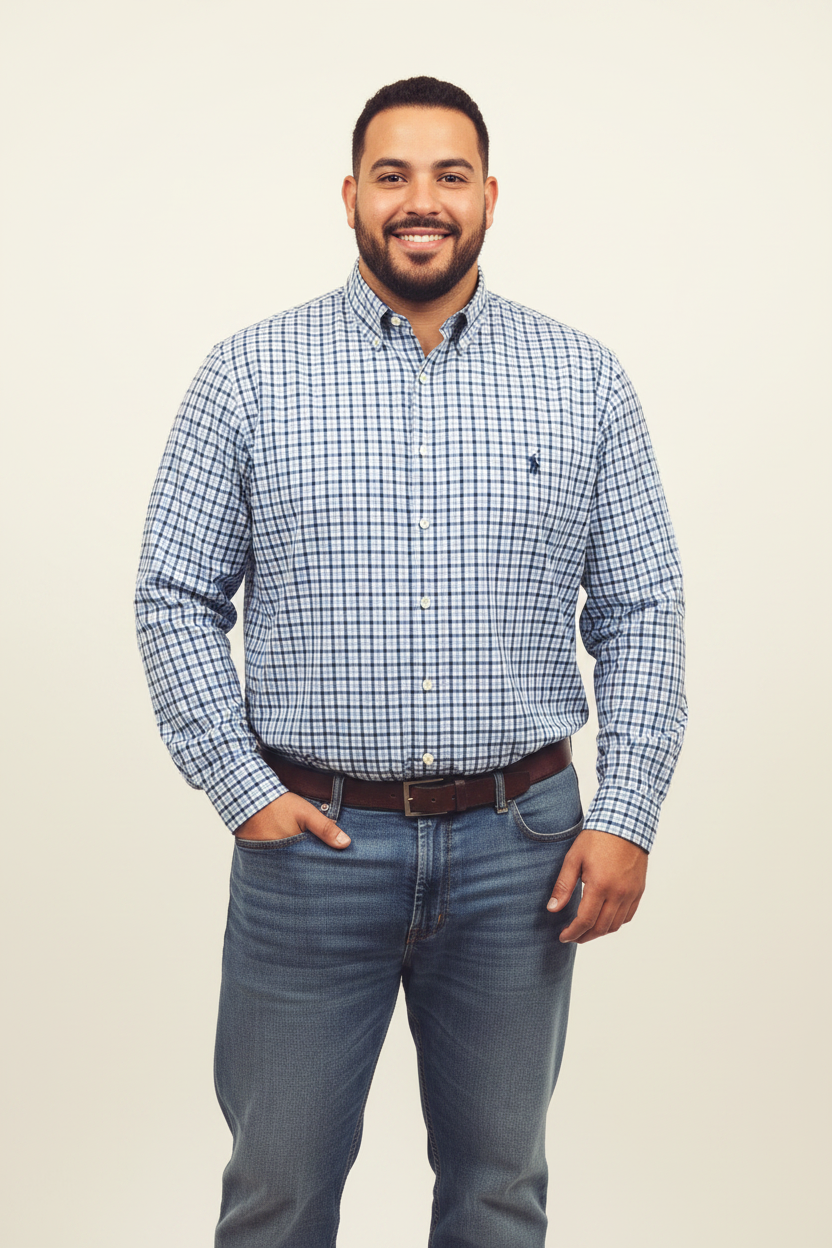 Camisa Polo Ralph Lauren 🏇🏼 Oxford color blanco con patron de cuadros en celeste y azul navy Talla XXL Entalle Regular