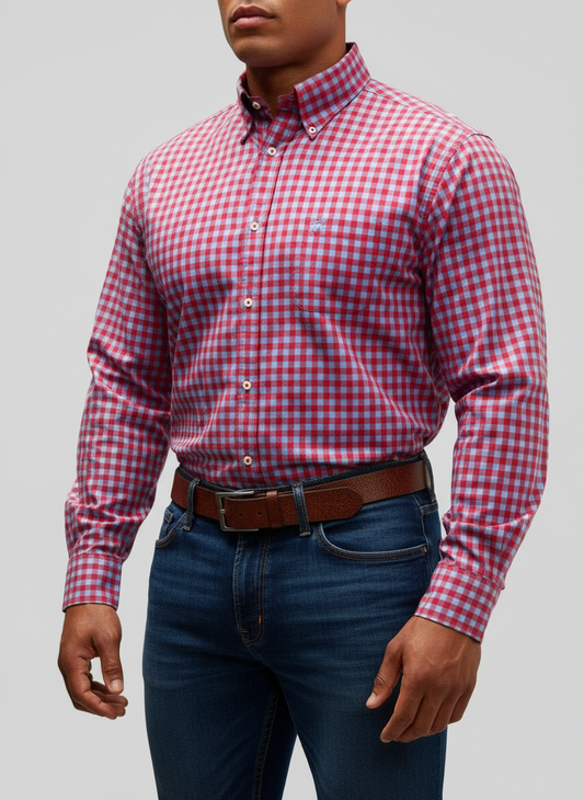 Camisa de botones Brooks Brothers 🐑 con cuadros gingham en rojo y celeste Talla M Entalle Regular