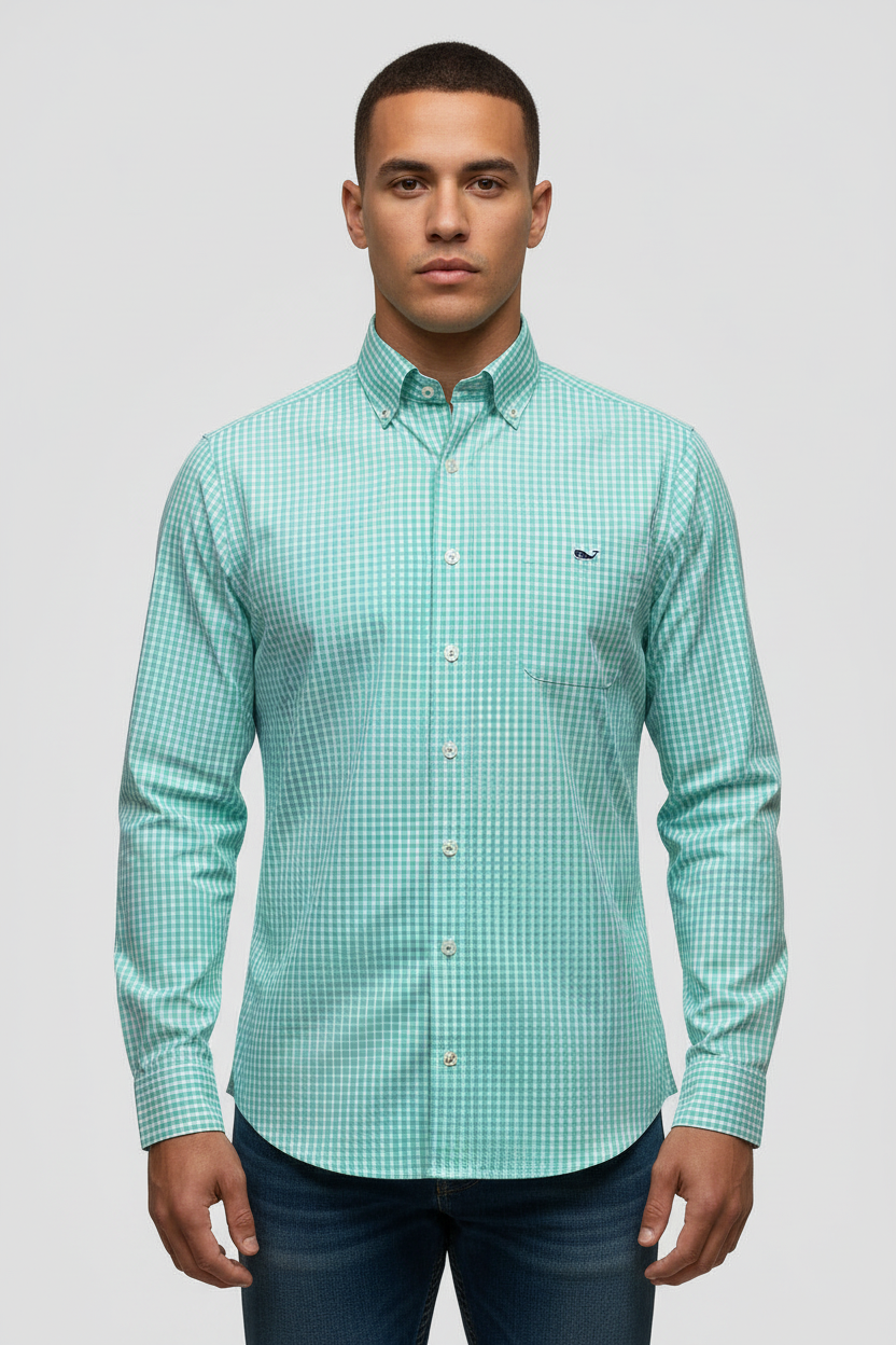Camisa de botones Vineyard Vines 🐳 de cuadros en color turquesa y blanco Talla M Entalle Clásico