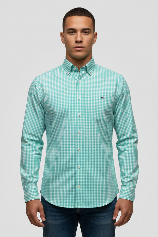 Camisa de botones Vineyard Vines 🐳 de cuadros en color turquesa y blanco Talla S Entalle Clásico
