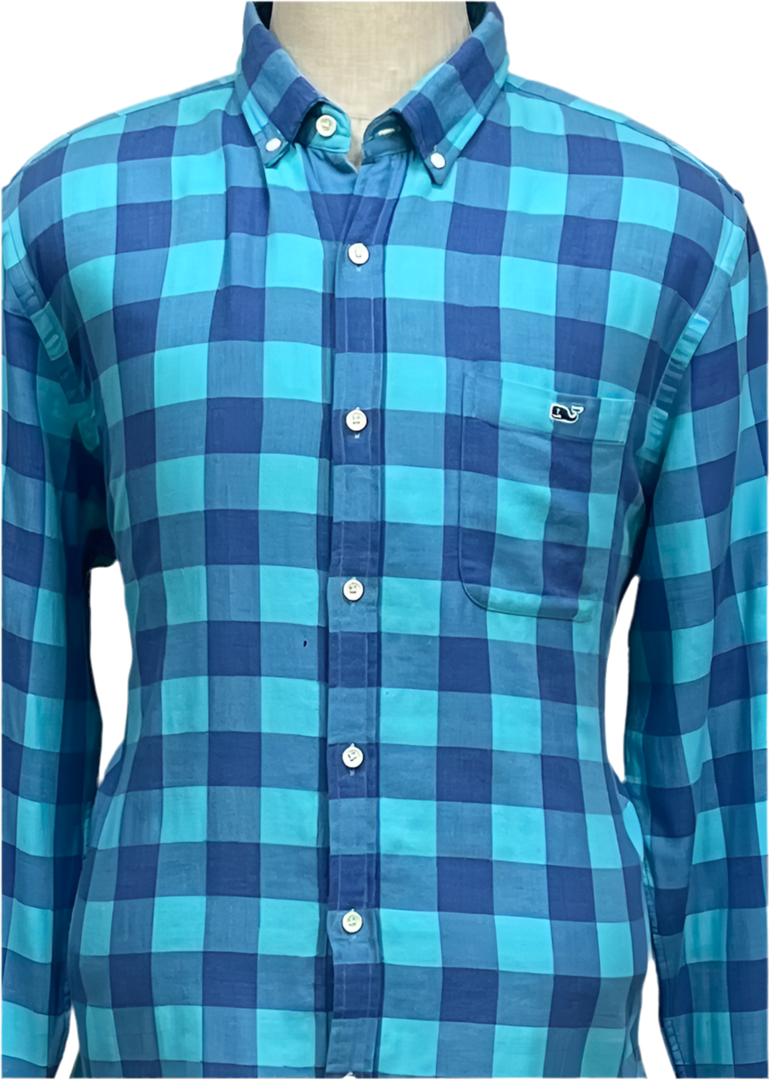 Camisa de botones Vineyard Vines 🐳 con patrón de cuadros en color azul y turquesa Talla M Entalle Slim Fit