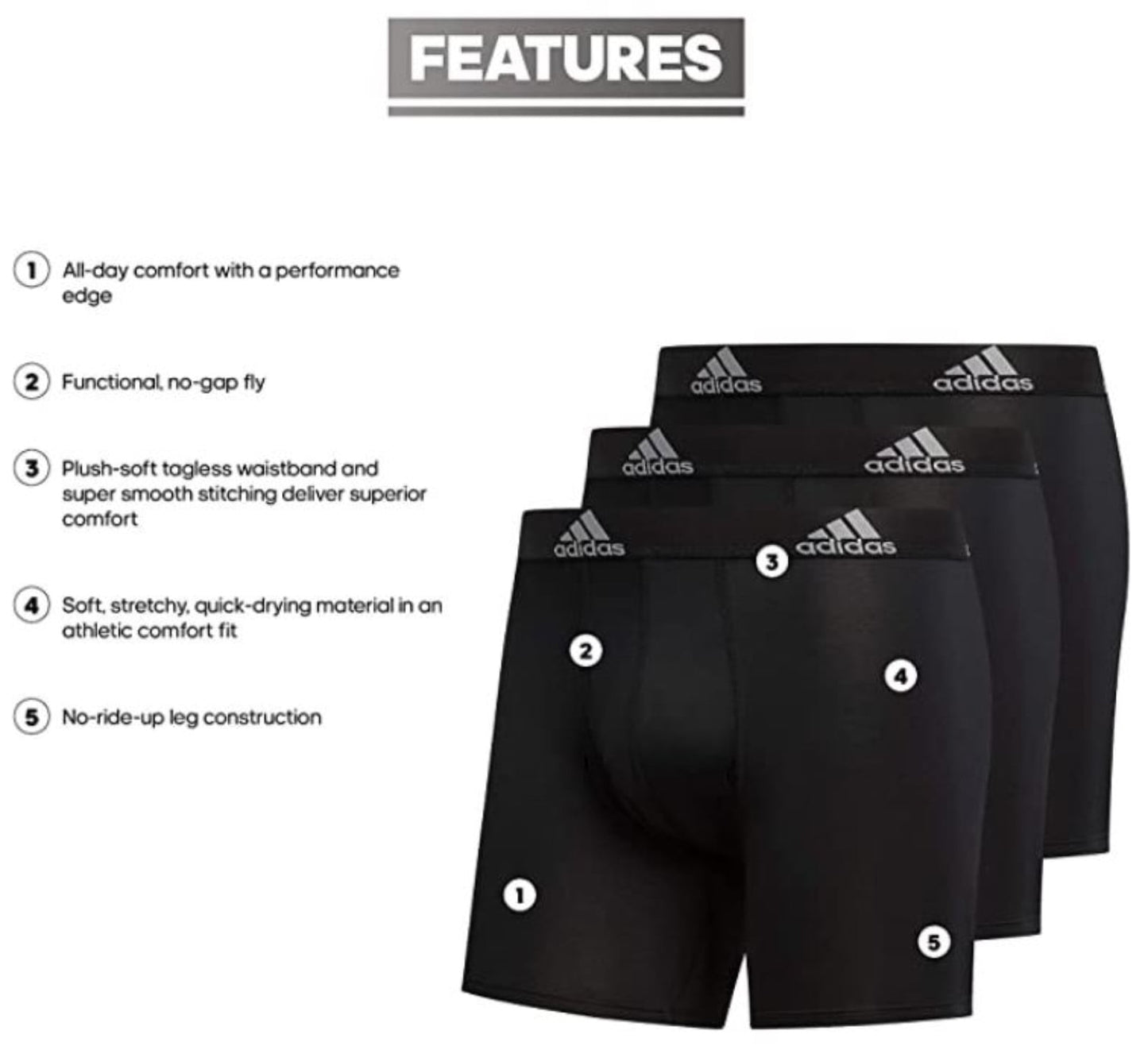 Combo de 3 Boxers Briefs Adidas Tela Performance color azul, gris y negro Talla L