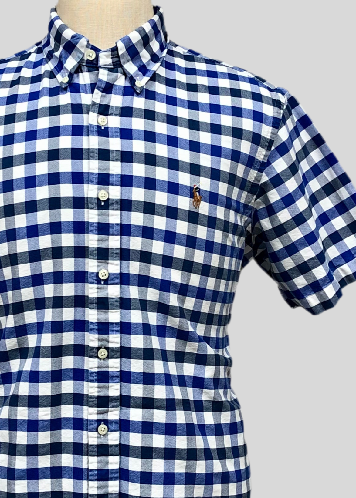 Camisa Polo Ralph Lauren 🏇🏼 Oxford blanca con patron de cuadros en color verde oscuro y azul Talla L Entalle Regular