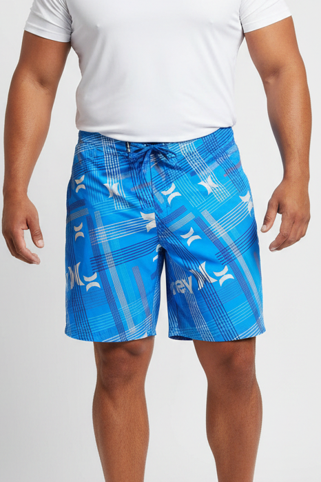 Short de baño Hurley 🏄🏽‍♂️ color azul y diseño de líneas en color celeste y gris y con logo en color gris Talla XXL