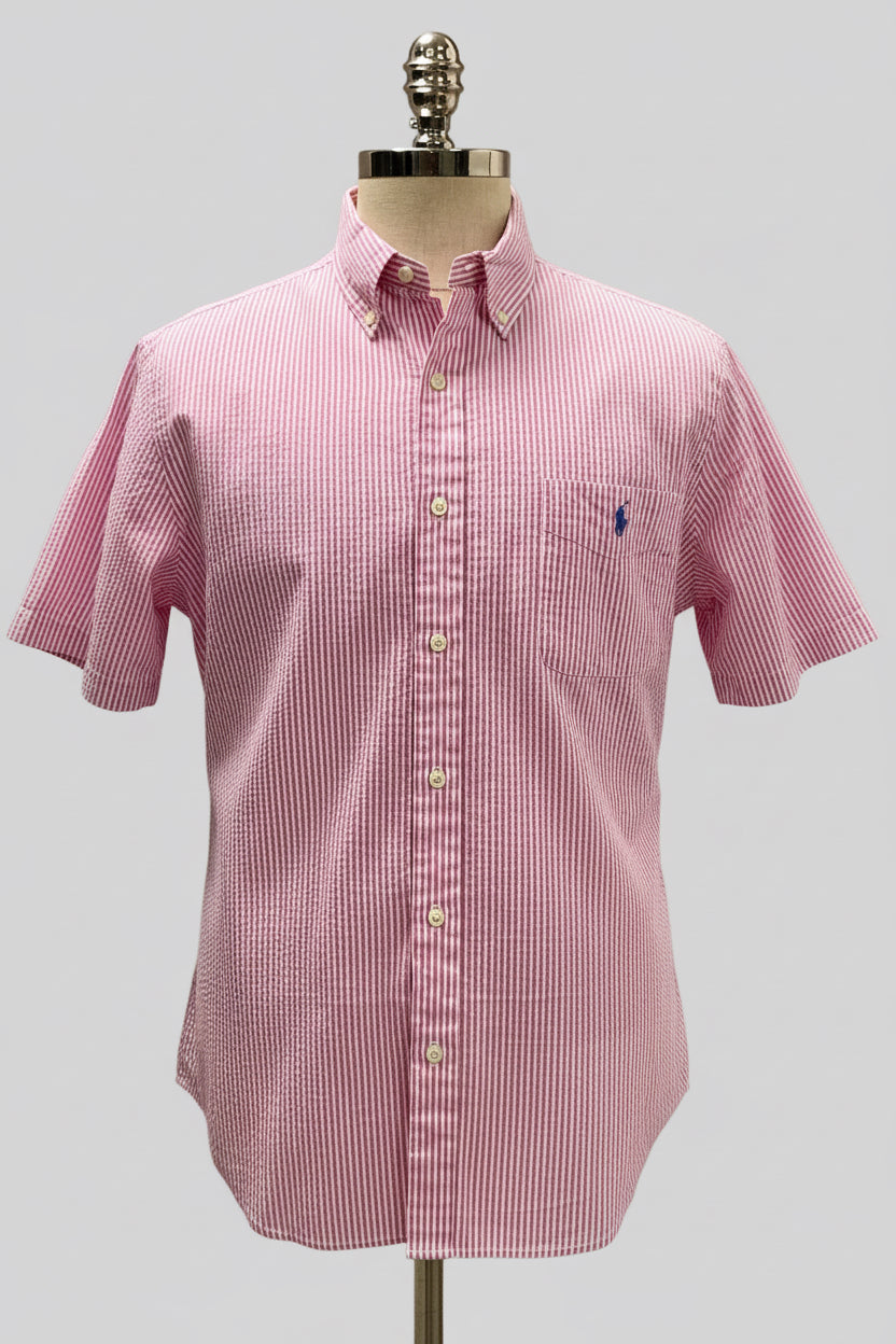 Camisa de botones Polo Ralph Lauren 🏇🏼 Seersucker de rayas en rosado y blanco Talla L Entalle Clásico
