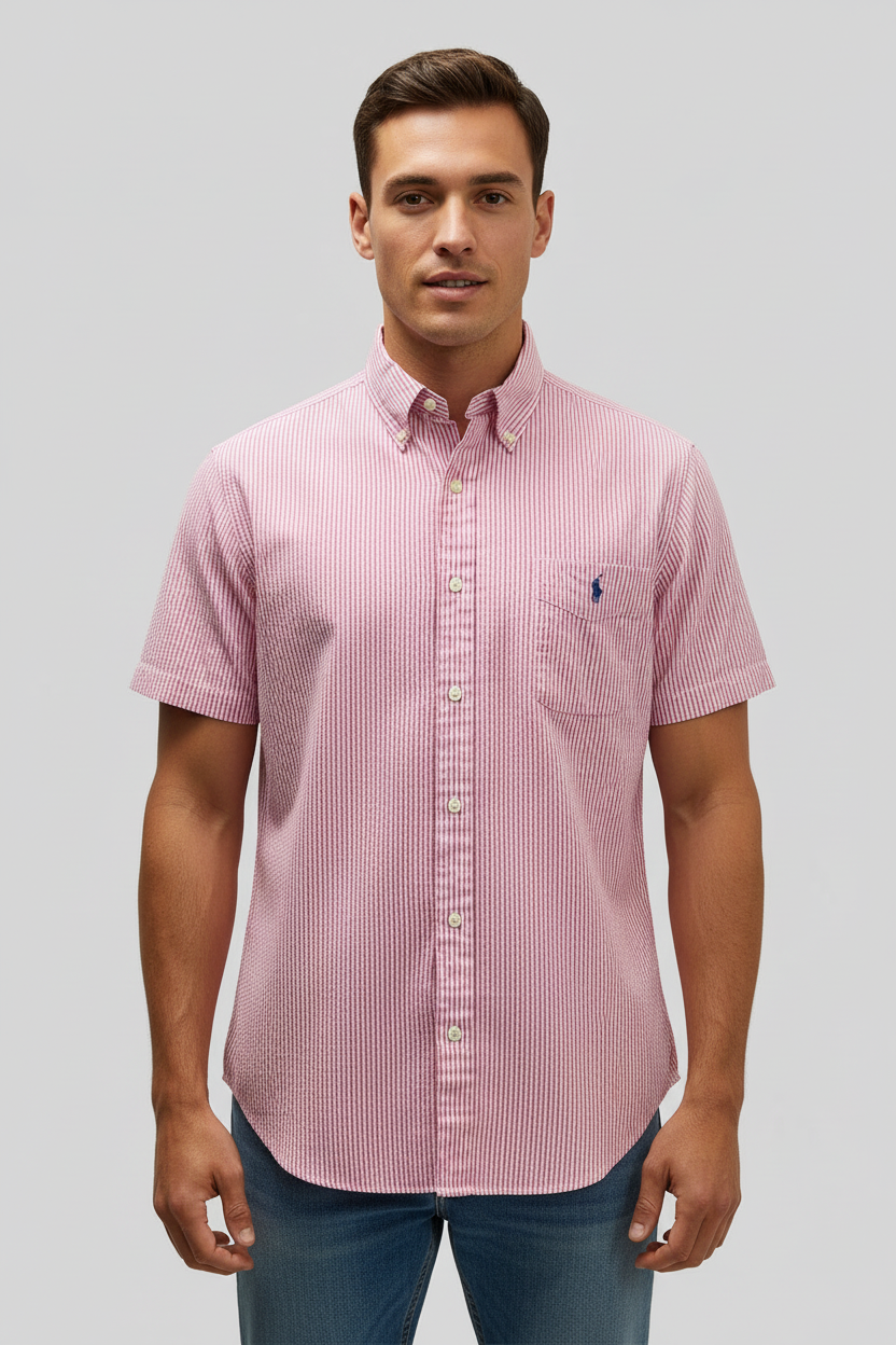 Camisa de botones Polo Ralph Lauren 🏇🏼 Seersucker de rayas en rosado y blanco Talla L Entalle Clásico
