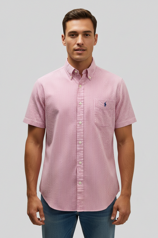 Camisa de botones Polo Ralph Lauren 🏇🏼 Seersucker de rayas en rosado y blanco Talla L Entalle Clásico