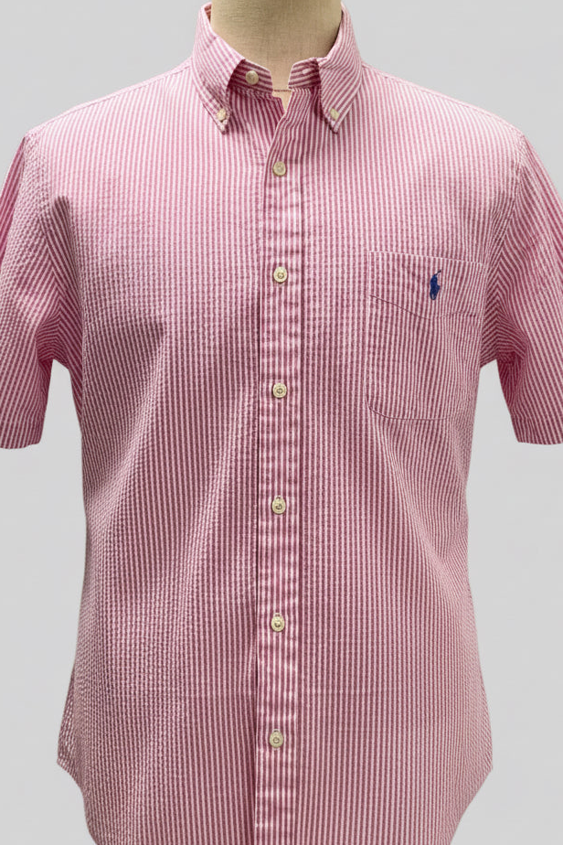Camisa de botones Polo Ralph Lauren 🏇🏼 Seersucker de rayas en rosado y blanco Talla L Entalle Clásico