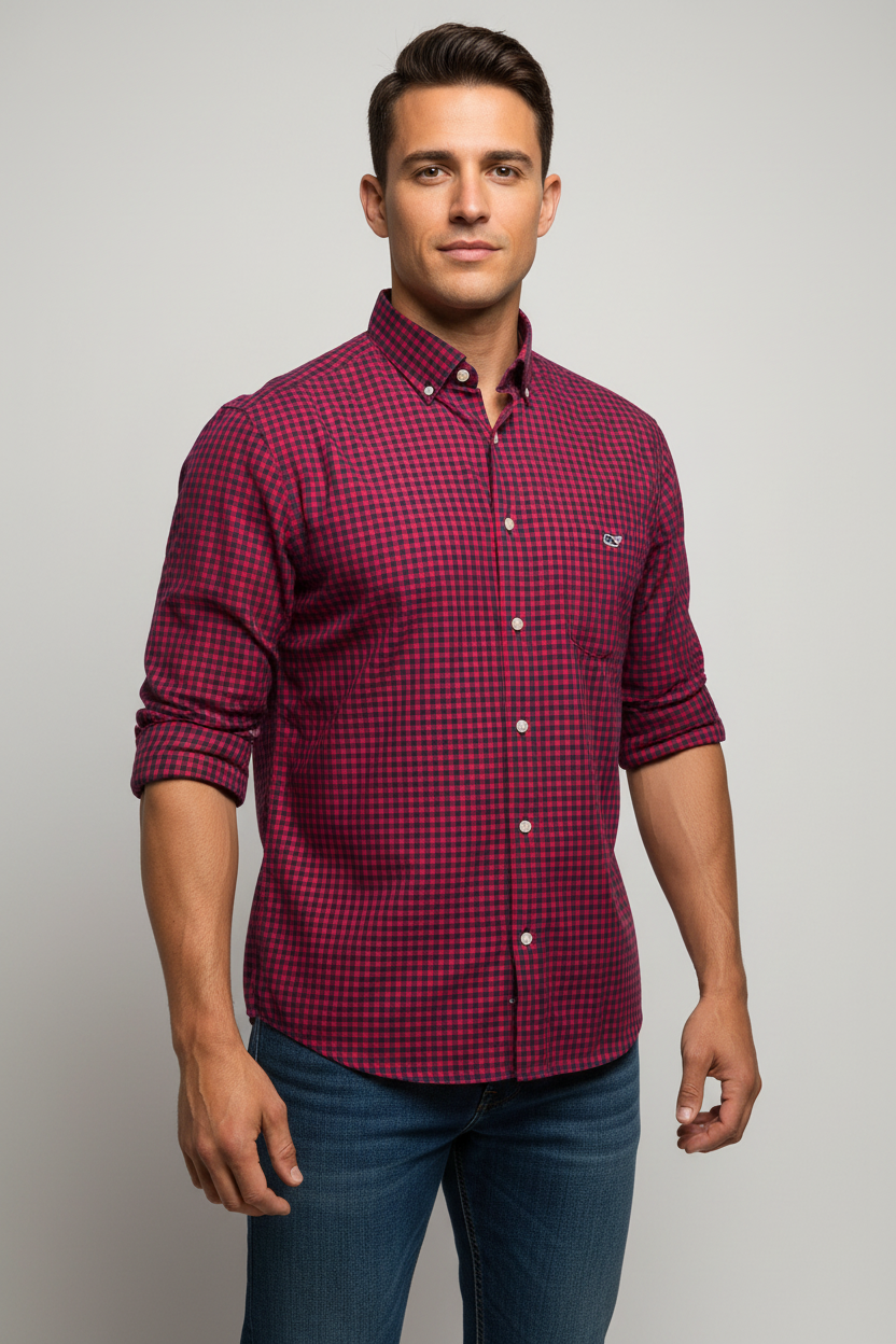 Camisa de botones Vineyard Vines 🐳 con patrón de cuadros en color rojo y azul navy Talla L Entalle Clásico