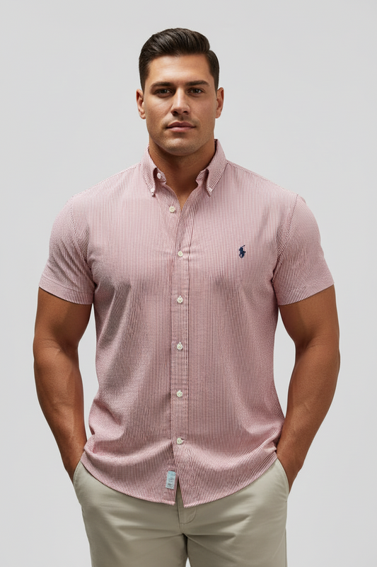 Camisa de botones Polo Ralph Lauren 🏇🏼 Seersucker de rayas en rojo y blanco Talla XXL Entalle Clásico