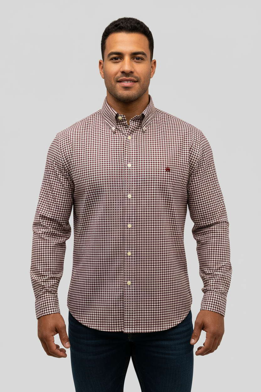Camisa Brooks Brothers 🐑 con patrón de cuadros gingham en rojo oscuro y blanco Talla XL Entalle Regular