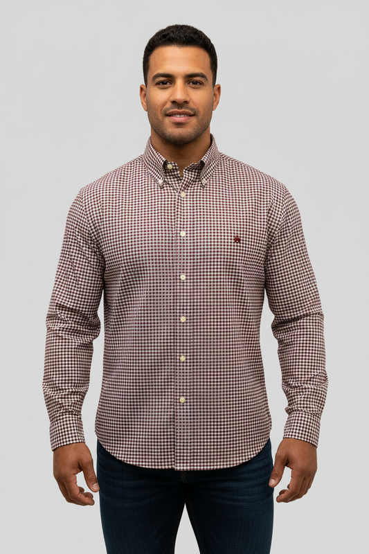 Camisa Brooks Brothers 🐑 con patrón de cuadros gingham en rojo oscuro y blanco Talla XL Entalle Regular