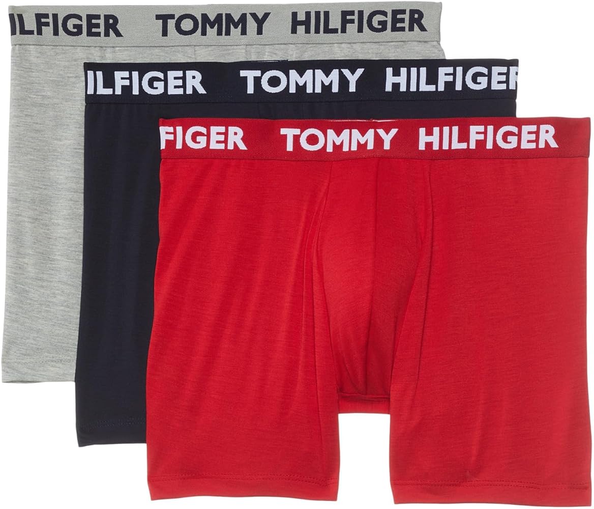 Paquete de 3 Boxer Briefs Tommy Hilfiger 🇺🇸 Statement Flex Tela Microfibra color rojo, azul y gris Talla XL