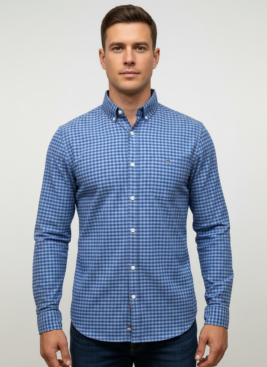 Camisa de cuadros Vineyard Vines 🐳 de cuadros gingham en color azul y gris Talla S Entalle Slim Fit