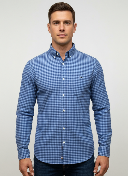 Camisa de cuadros Vineyard Vines 🐳 de cuadros gingham en color azul y gris Talla S Entalle Slim Fit