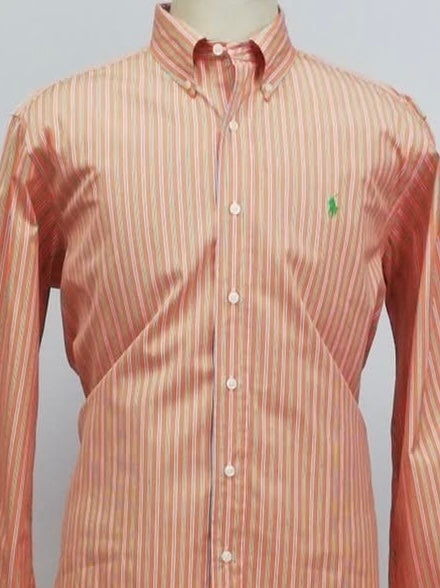 Camisa Polo Ralph Lauren 🏇🏼 color naranja con rayas en color verde y blanco Talla L Entalle Clásico