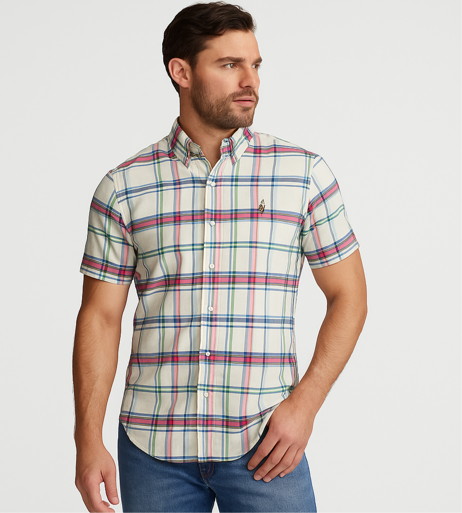 Camisa Polo Ralph Lauren 🏇🏼 Oxford blanco de cuadros en color azul, verde y rosado Talla M Entalle Regular