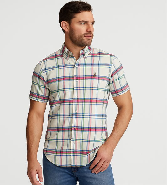 Camisa Polo Ralph Lauren 🏇🏼 Oxford blanco de cuadros en color azul, verde y rosado Talla M Entalle Regular