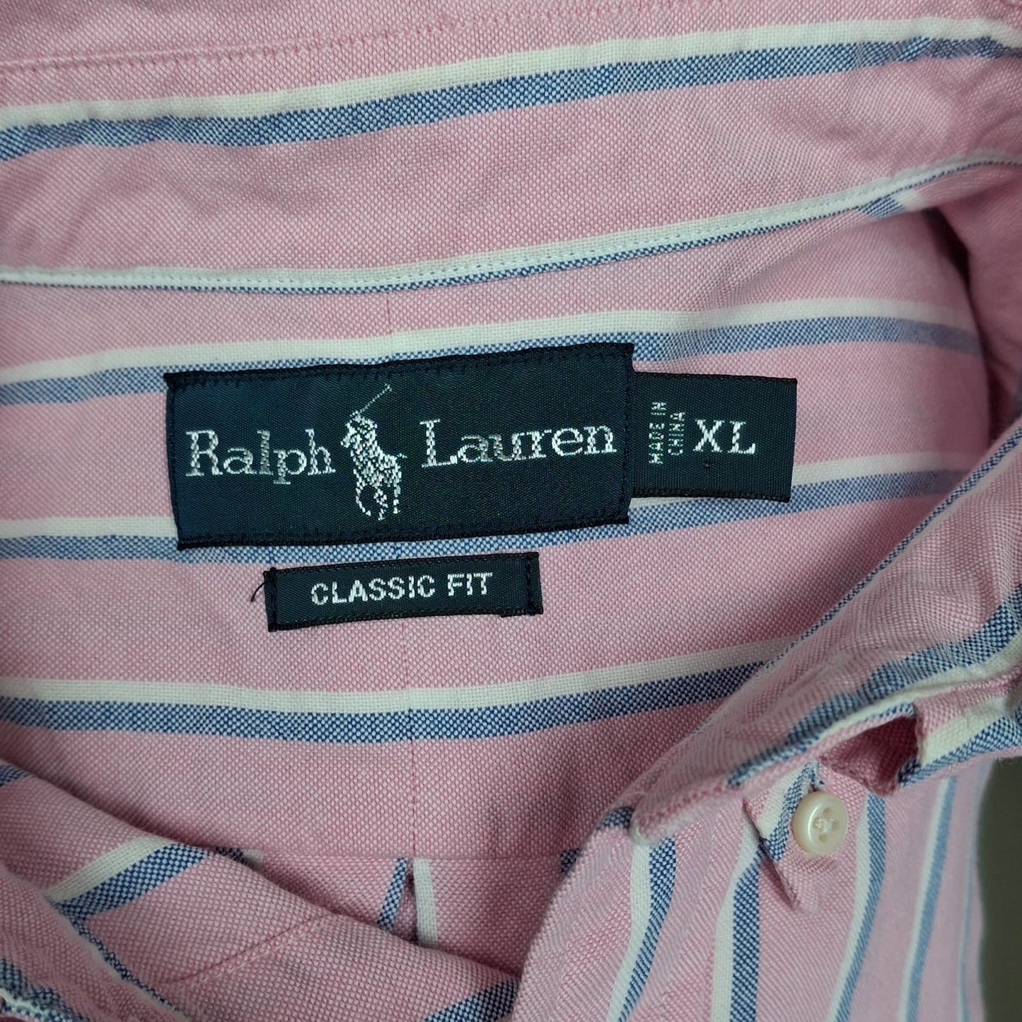 Camisa Polo Ralph Lauren 🏇🏼 Oxford color rosado con rayas en color celeste y blanco Talla XL Entalle Clásico